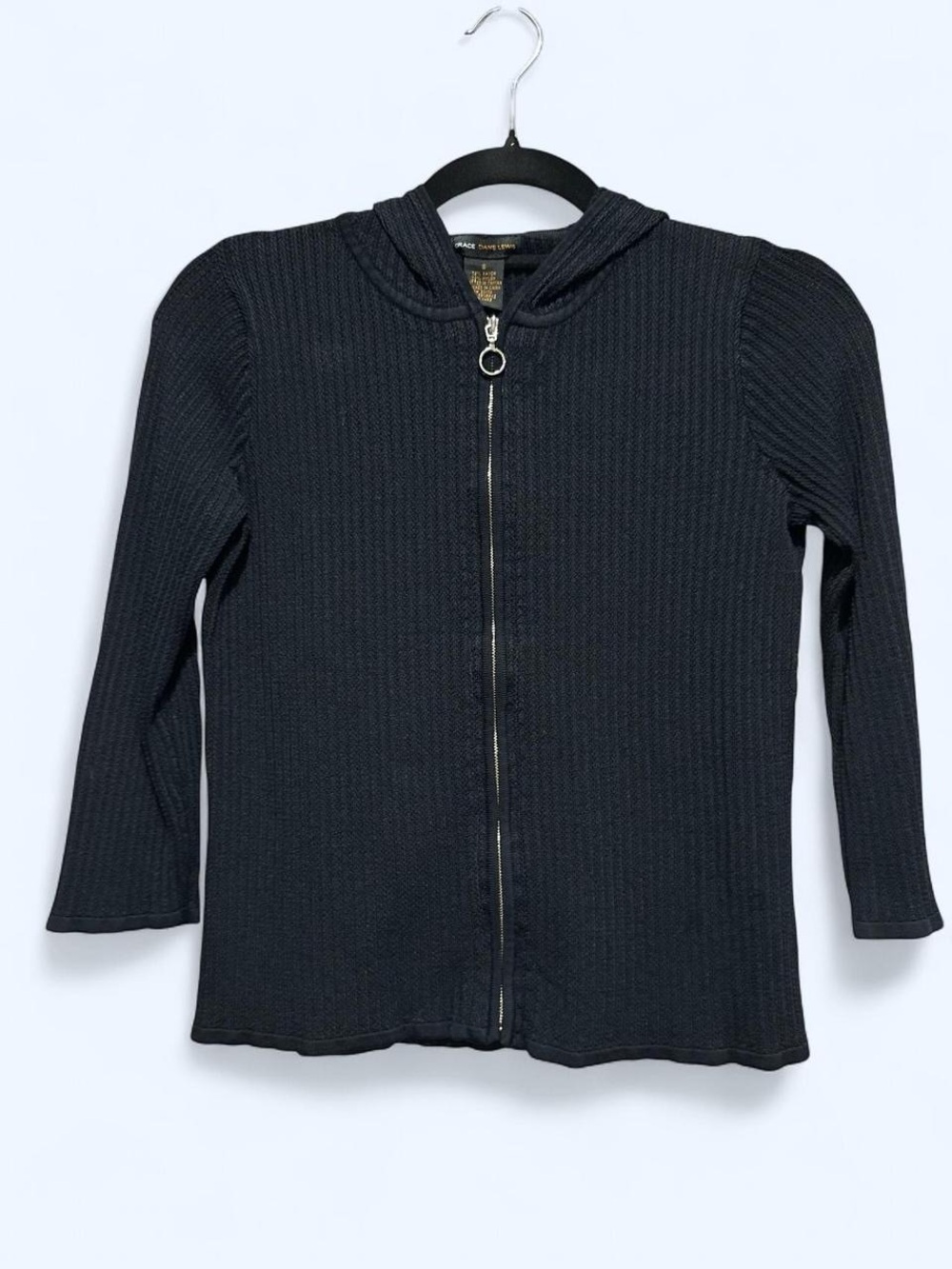 Black Ribbed Zip-Front Hoodie Cardigan S